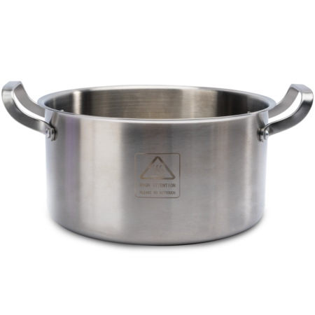 Stainless steel pot with two handles, empty, shown against a plain white background.