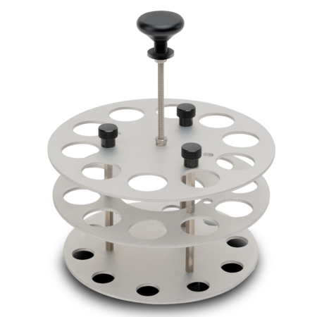 A metal laboratory centrifuge tube rack with a handle on top, featuring two circular tiers with multiple holes for holding tubes, mounted on vertical rods.