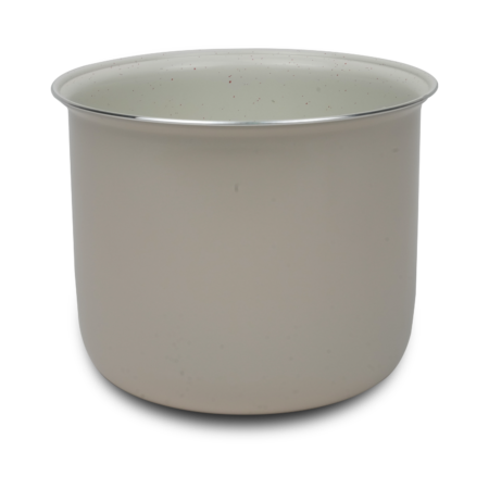 A plain, light gray metal pot with a smooth surface and slightly rounded edges, shown against a white background.