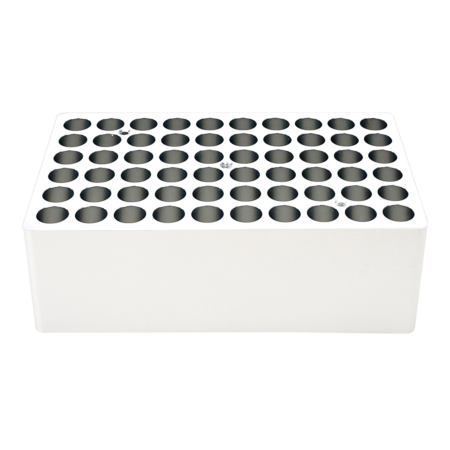Rectangular white metal block with multiple evenly spaced circular holes on the top surface, resembling a laboratory test tube holder.
