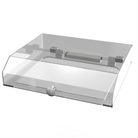 Transparent rectangular acrylic display case with a hinged lid and a round metallic knob on the front, shown against a plain white background.