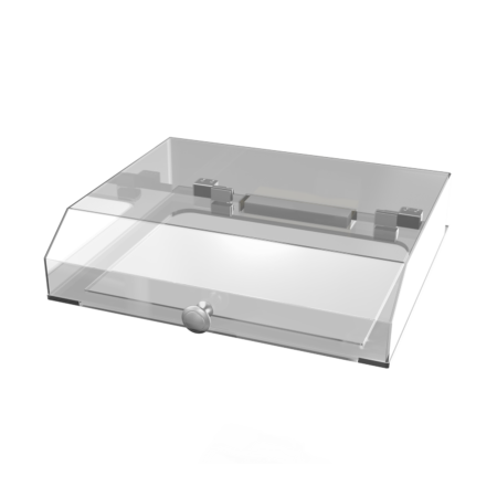 A transparent plastic cover with metal hinges and a front knob, designed to protect and enclose equipment or devices.