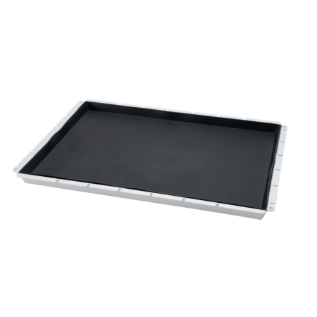 Rectangular metal tray with raised edges and a black non-stick surface, viewed from an angle against a white background.