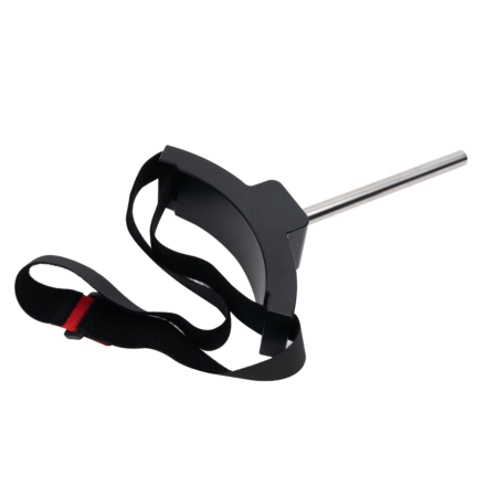 A black and silver hands-free umbrella holder with an adjustable strap and a metal rod extending from the base.