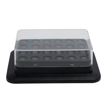 A black rectangular display case with a transparent lid, showing multiple round compartments arranged in rows.