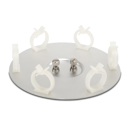A round metallic disc with six evenly spaced white plastic clips and two small screw fixtures in the center.