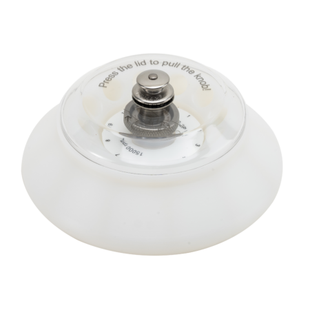 A white manual food chopper with a transparent lid, central pull knob, and instructions reading, "Press the lid to pull the knob.