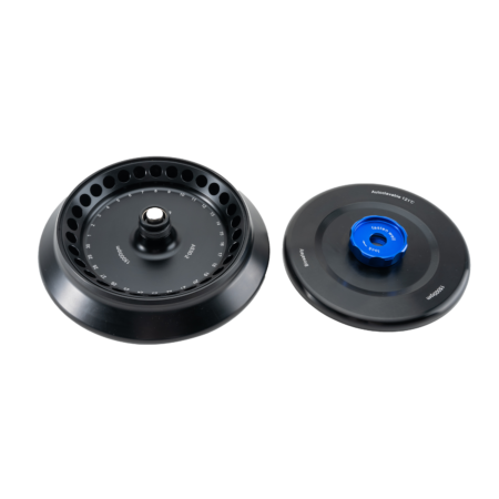 A black centrifuge rotor with multiple tube slots next to its matching black and blue rotor lid on a white background.