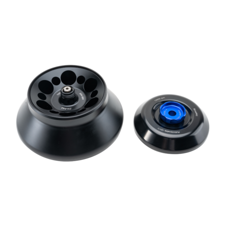 Black laboratory centrifuge rotor and lid with labeled slots for sample tubes, shown against a white background.