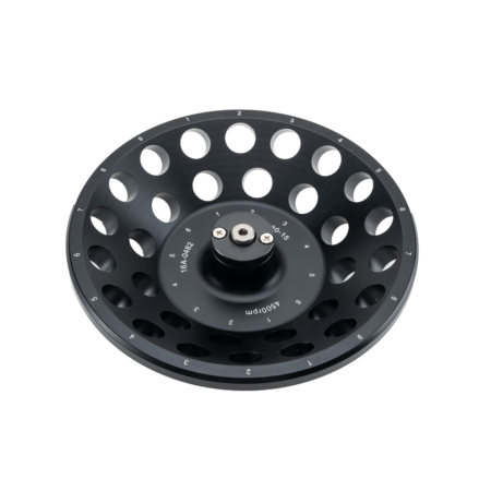 Black circular metal reel spool with numbered markings and multiple round cutouts, shown on a plain white background.