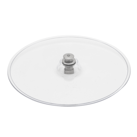 A transparent glass pot lid with a metal handle, shown on a plain white background.