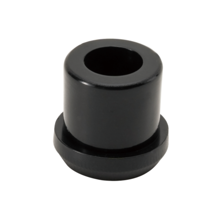 Black cylindrical metal bushing with a central hole and a wider base, shown on a plain white background.