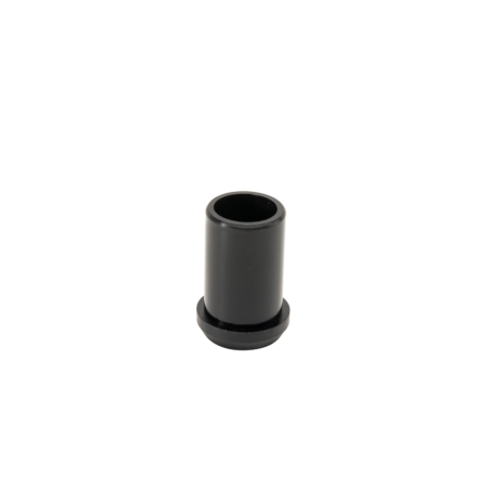 A black cylindrical plastic bushing with a flange at the base, displayed on a plain white background.