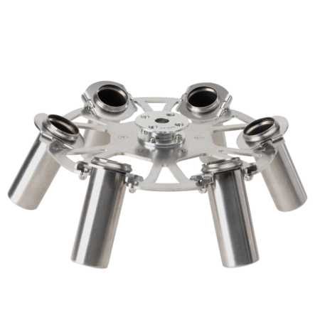 A stainless steel laboratory centrifuge rotor with six tube holders is shown on a white background.