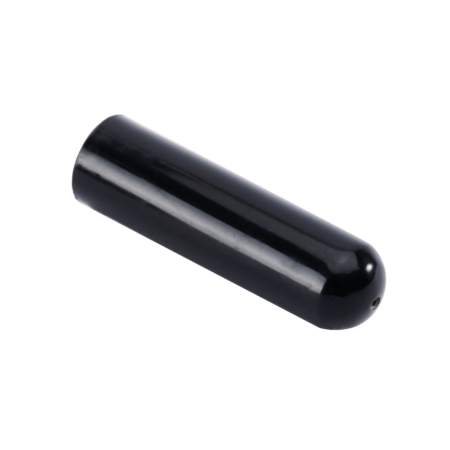 A black cylindrical object with a rounded end and a small hole on the tip, shown on a plain white background.