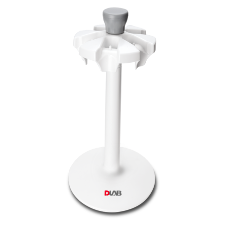 White laboratory pipette stand with a central gray knob and multiple slots, branded with the DLAB logo at the base, on a plain background.