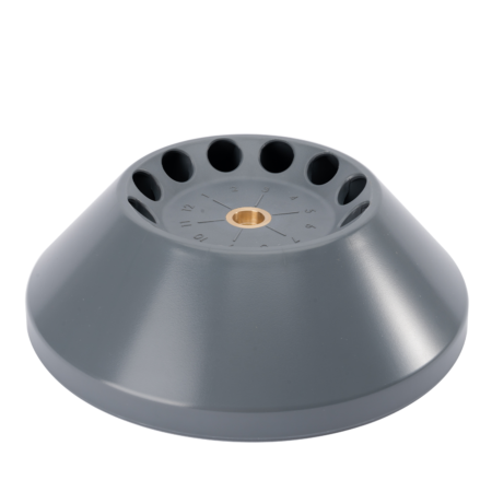 A gray, cone-shaped object with eight numbered holes around a central brass fitting on the top surface.
