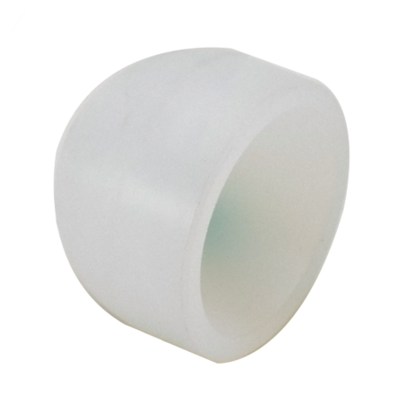 A white, cylindrical plastic cap or plug with a rounded top and an open bottom, photographed on a plain white background.