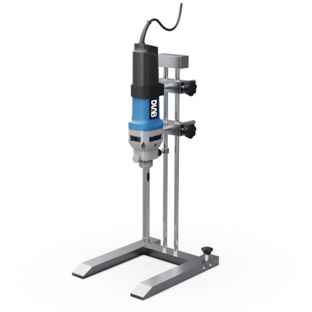 Laboratory overhead stirrer mounted on a metal stand with adjustable height, power cord attached, and labeled "DAX3" on the blue motor housing.