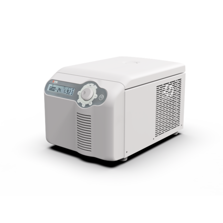 A compact white laboratory chiller with a digital display, control dial, and ventilation grill on the side, set against a plain background.
