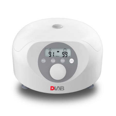 White DLAB laboratory centrifuge with a digital display showing numbers, control buttons, and a rounded design on a light background.