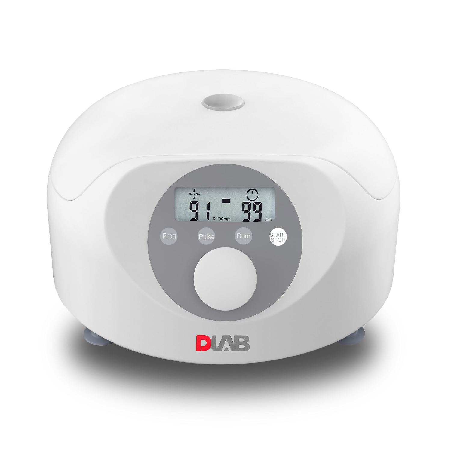 White DLAB laboratory centrifuge with a digital display showing numbers, control buttons, and a rounded design on a light background.