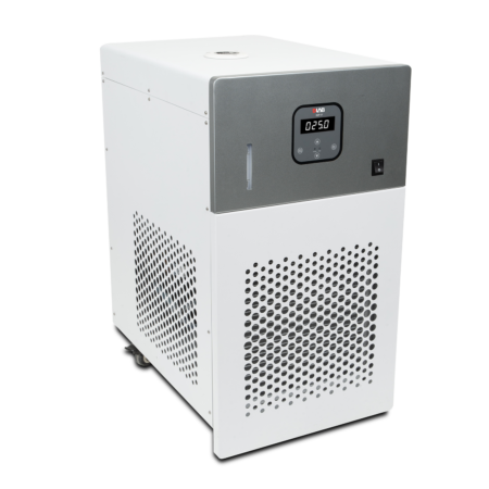 White and gray laboratory equipment with a digital display reading "0250," vented panels, and a power switch on the front.