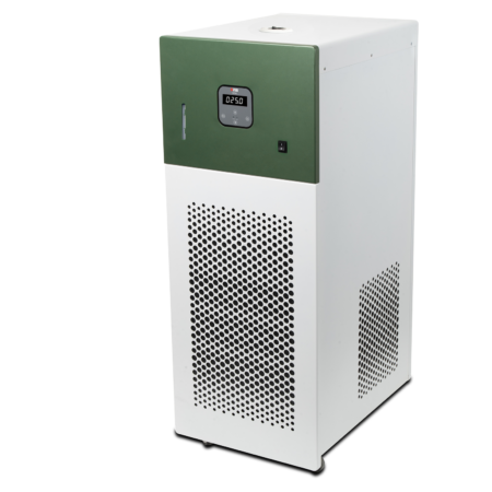 A white and green air purifier with a digital control panel and perforated front panel, standing on a plain background.