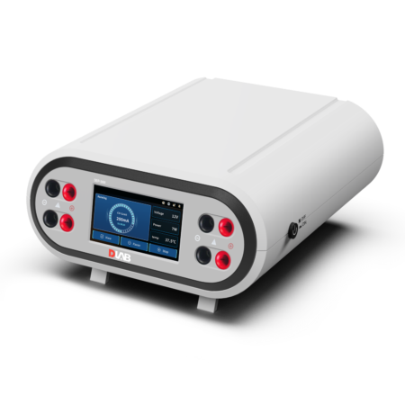 A white laboratory device with a digital display screen and several buttons, showing system settings and measurements, labeled "DLAB" on the front panel.