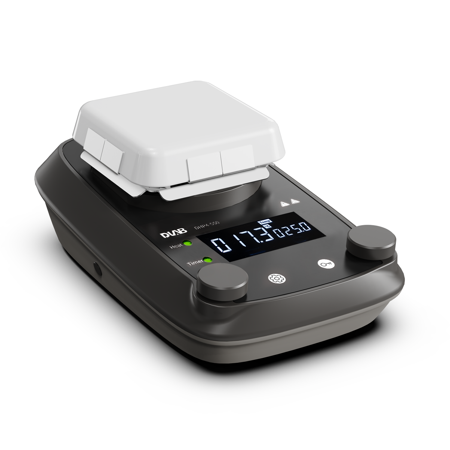 A laboratory hotplate stirrer with a digital display showing settings, featuring control knobs and a white platform on top.