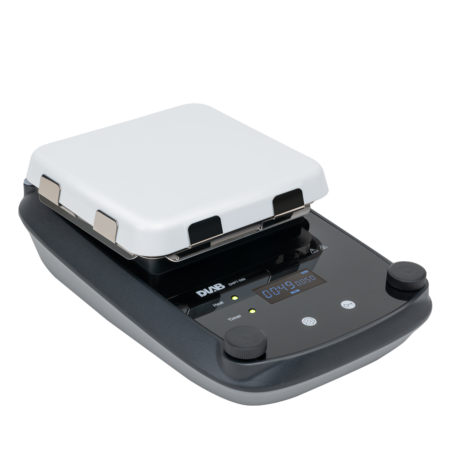 A laboratory hot plate stirrer with a digital display, two control knobs, and a white ceramic heating surface on a black base.