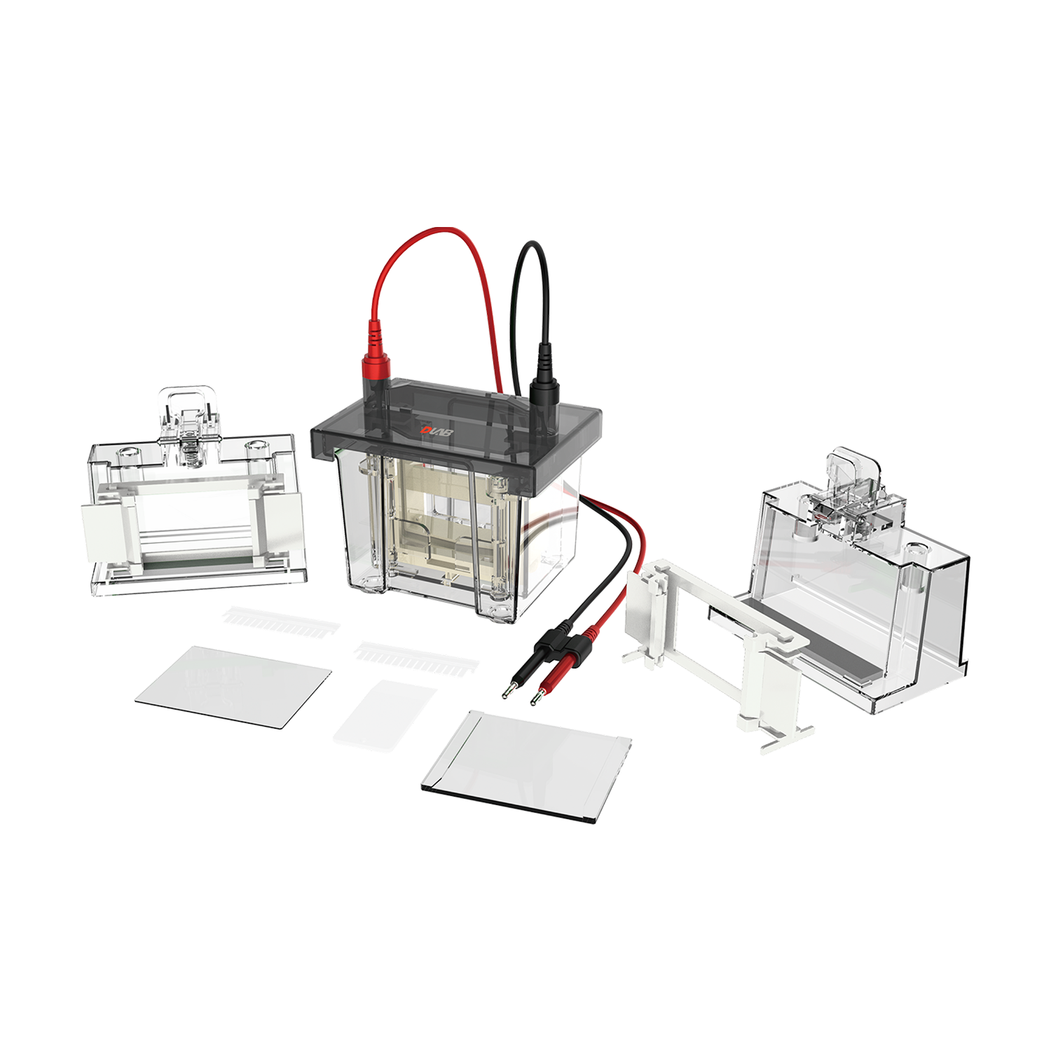 Clear electrophoresis gel box kit with electrodes, glass plates, and accessories displayed on a white background.