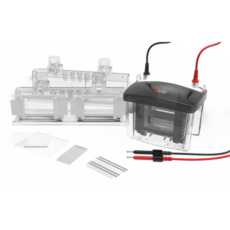 Clear plastic electrophoresis gel apparatus with attached power cables, glass slides, combs, and other accessories on a white background.