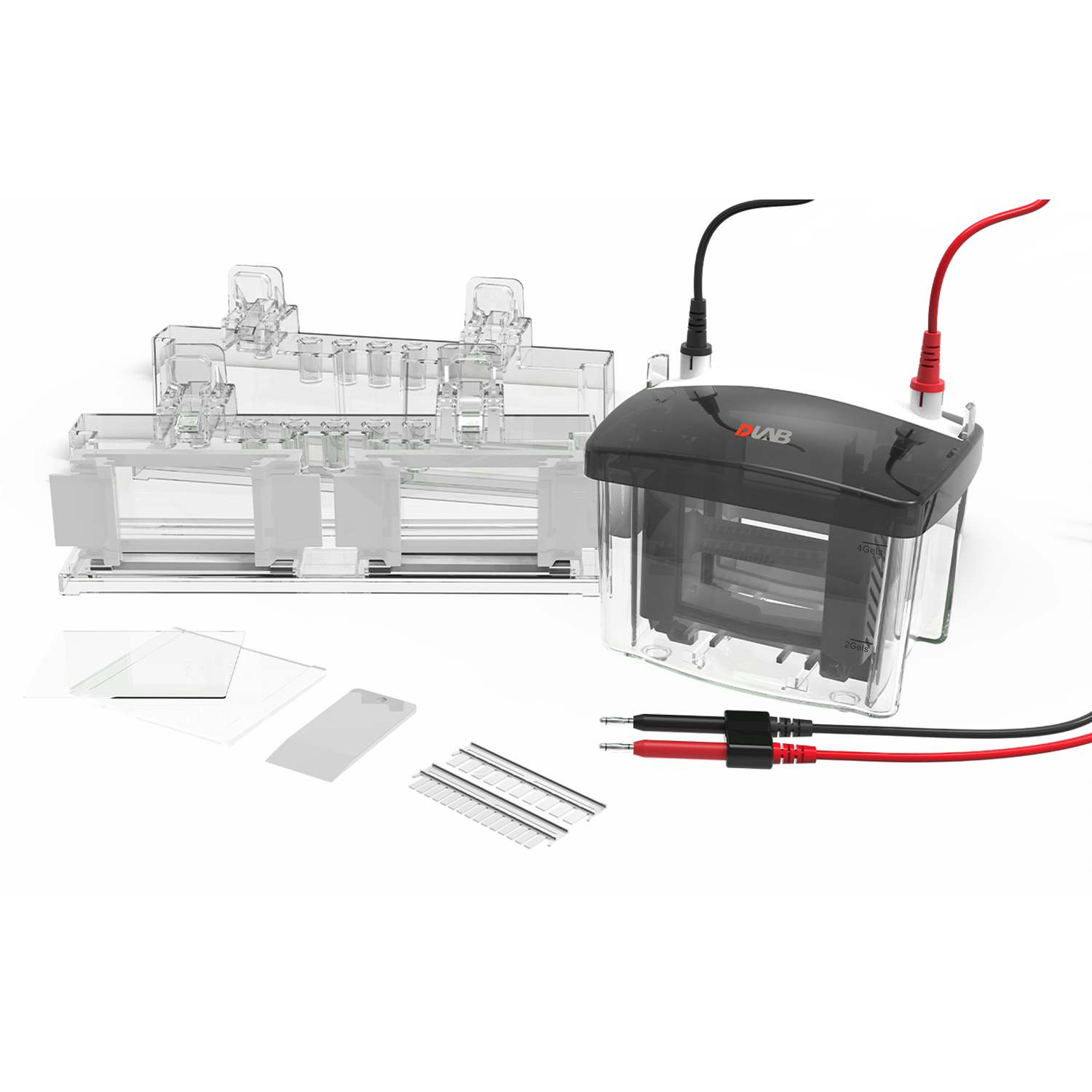 Clear plastic electrophoresis gel apparatus with attached power cables, glass slides, combs, and other accessories on a white background.