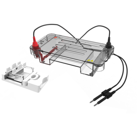 Transparent gel electrophoresis chamber with black and red cables connected, shown alongside a white comb and casting tray on a plain background.