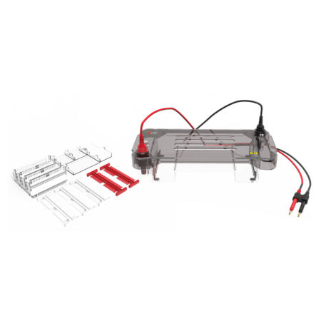 Horizontal electrophoresis gel box with red and black cables attached, next to various white and red plastic combs and tray components on a white background.