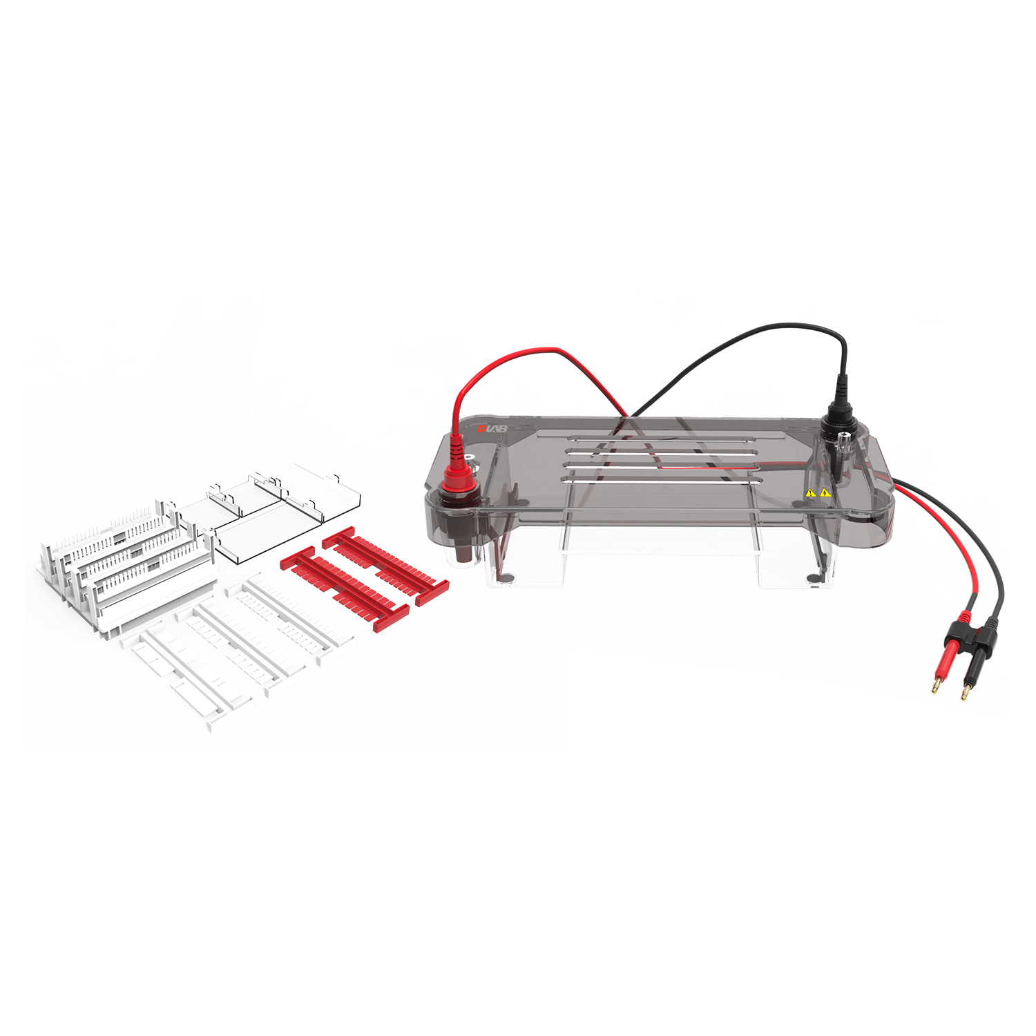 Horizontal electrophoresis gel box with red and black cables attached, next to various white and red plastic combs and tray components on a white background.