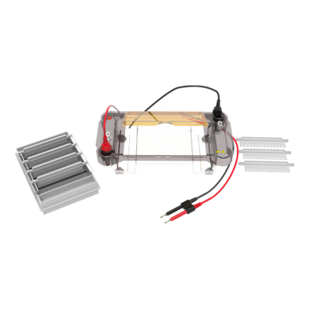 A horizontal gel electrophoresis apparatus with attached red and black wires, gel trays, and combs on a white background.