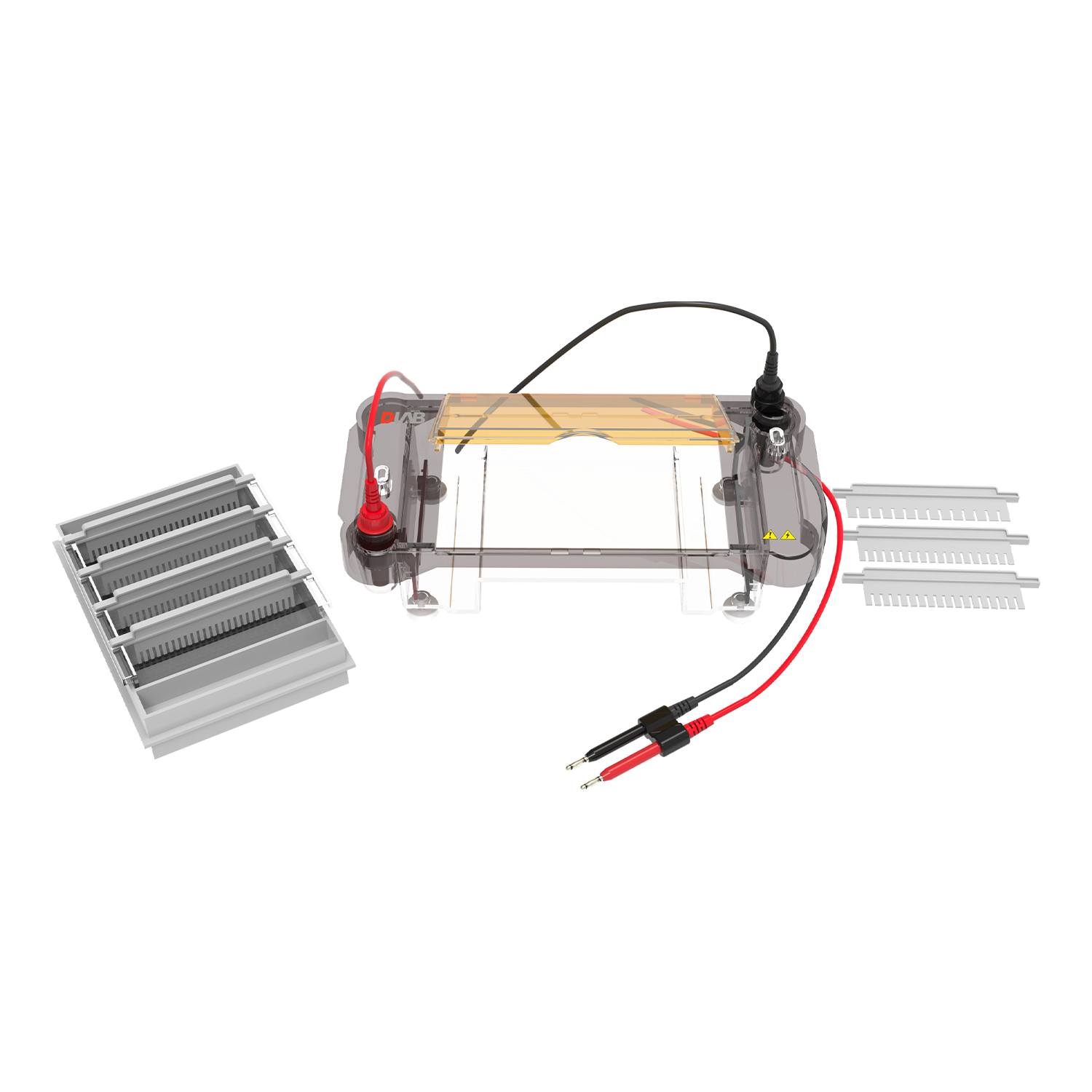 A horizontal gel electrophoresis apparatus with attached red and black wires, gel trays, and combs on a white background.