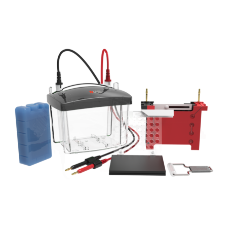 Clear plastic electrophoresis chamber with attached cables, blue buffer container, red and white gel casting tray, sample comb, and accessories arranged on a white background.