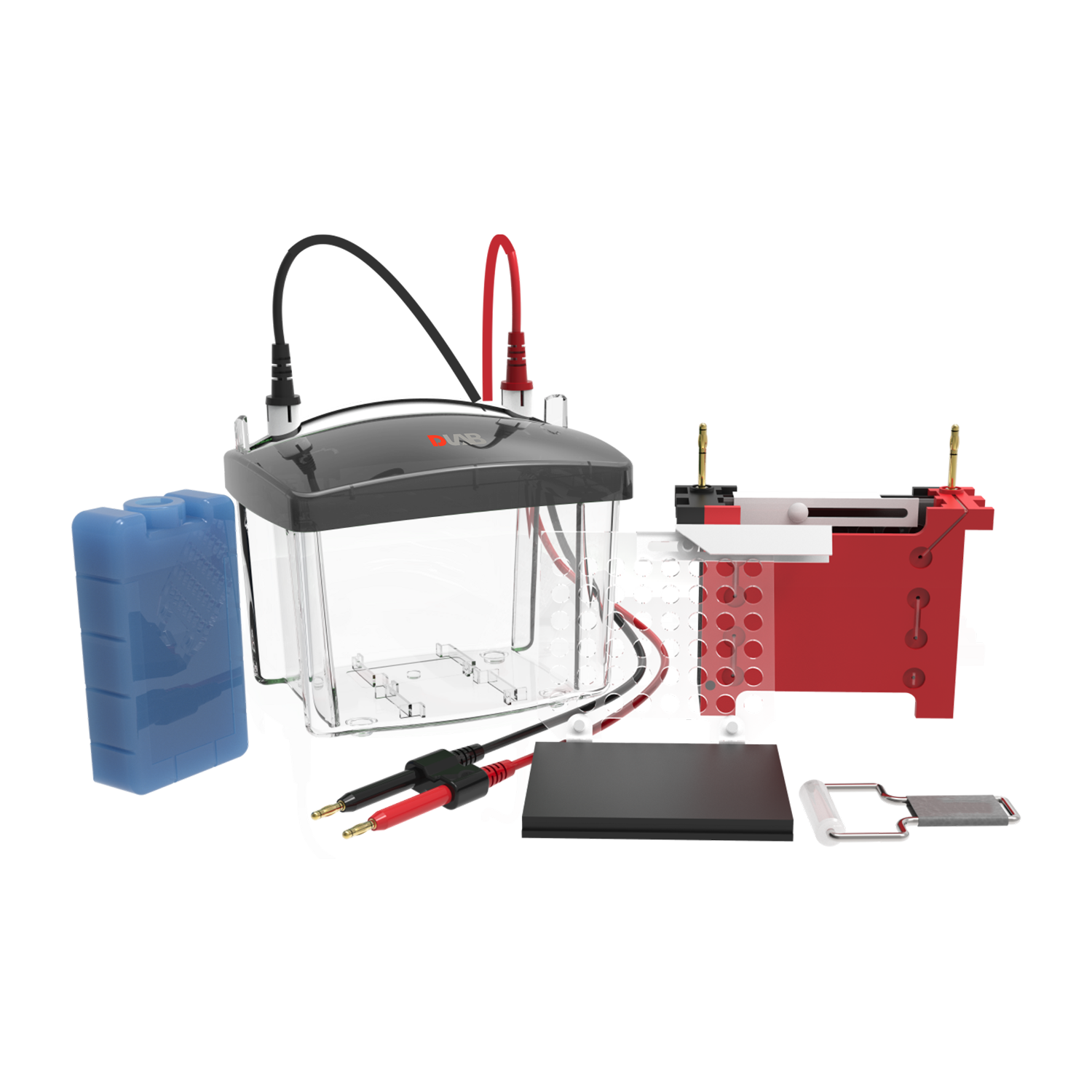 Clear plastic electrophoresis chamber with attached cables, blue buffer container, red and white gel casting tray, sample comb, and accessories arranged on a white background.