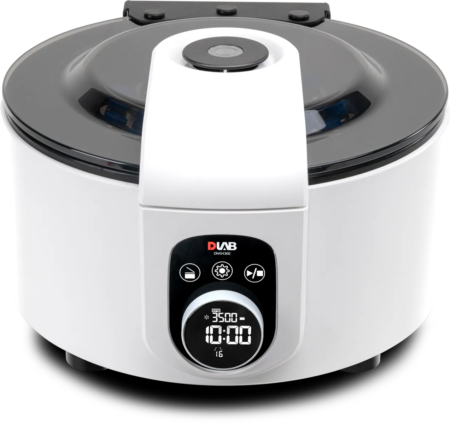 A white, round laboratory centrifuge with a digital control panel displaying settings and timer on the front.