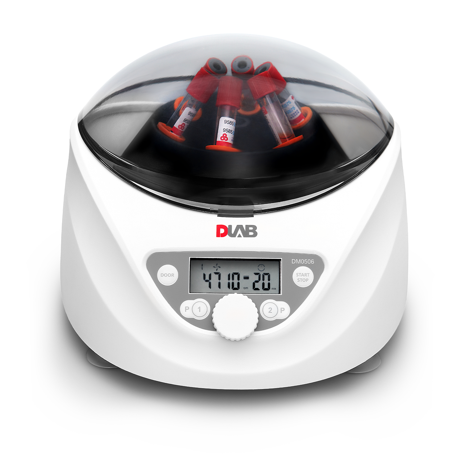 A compact white laboratory centrifuge with a digital display, holding several test tubes with red caps under a transparent lid.