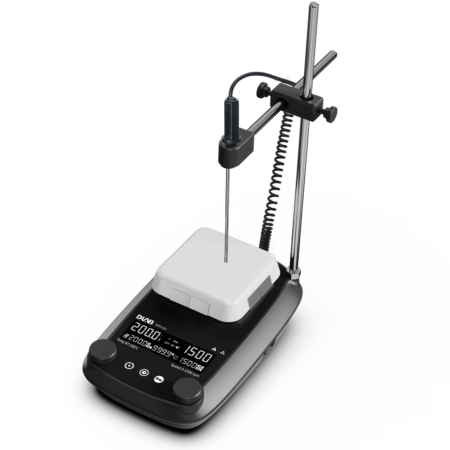 Digital laboratory hotplate stirrer with temperature probe, displaying settings on a digital screen, and holding a white container on its heating surface.