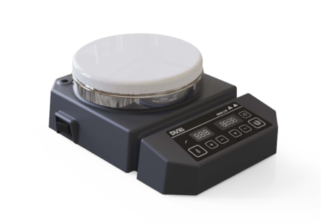 A digital laboratory magnetic stirrer with a circular white platform, black base, and control panel featuring buttons and digital display.