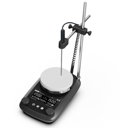A digital laboratory hot plate stirrer with a temperature probe and display panel, set on a white background.