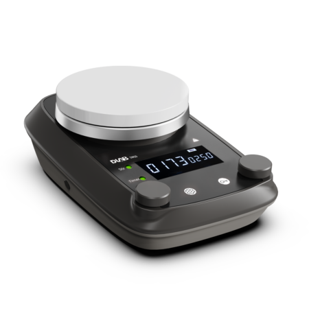 Digital laboratory magnetic stirrer with a round white stirring plate, digital display showing temperature and time, and two control knobs on a black base.