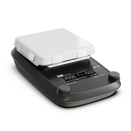 Digital laboratory hotplate stirrer with a white square ceramic top and a black base displaying temperature and speed settings on its digital screen.