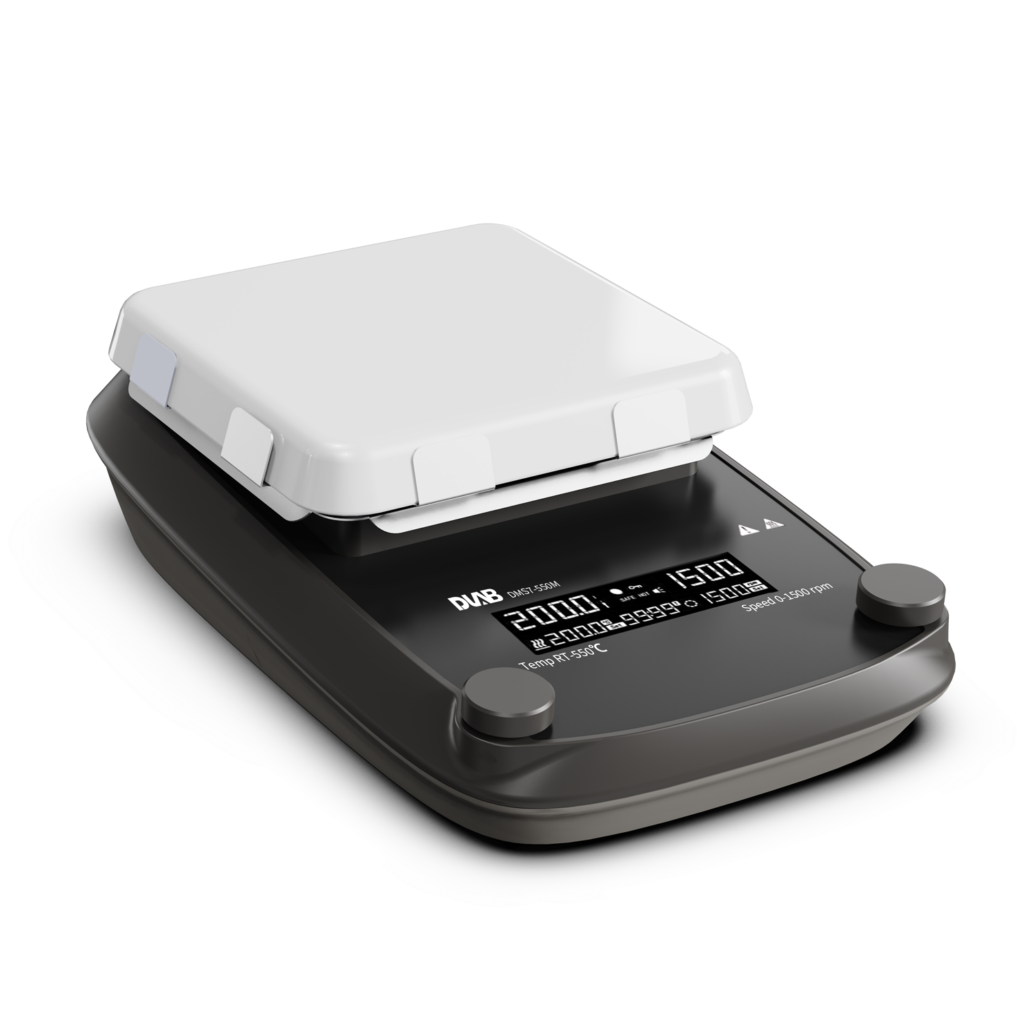 Digital laboratory hotplate stirrer with a white square ceramic top and a black base displaying temperature and speed settings on its digital screen.