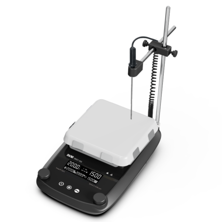 Digital laboratory hot plate stirrer with a white ceramic top, temperature probe, and digital display showing settings.